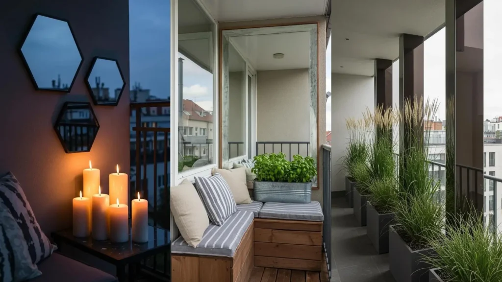 Sfeervolle kleine balkons met decoratieve spiegels, planten en verlichting die de ruimte vergroten.
