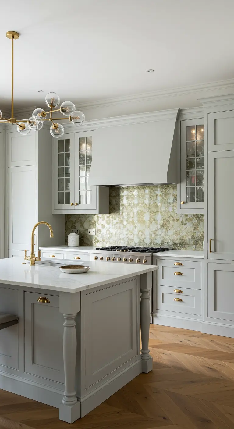 Grijze keuken met plafondhoge kasten, marmeren eiland, gouden accenten en gespiegelde achterwand.