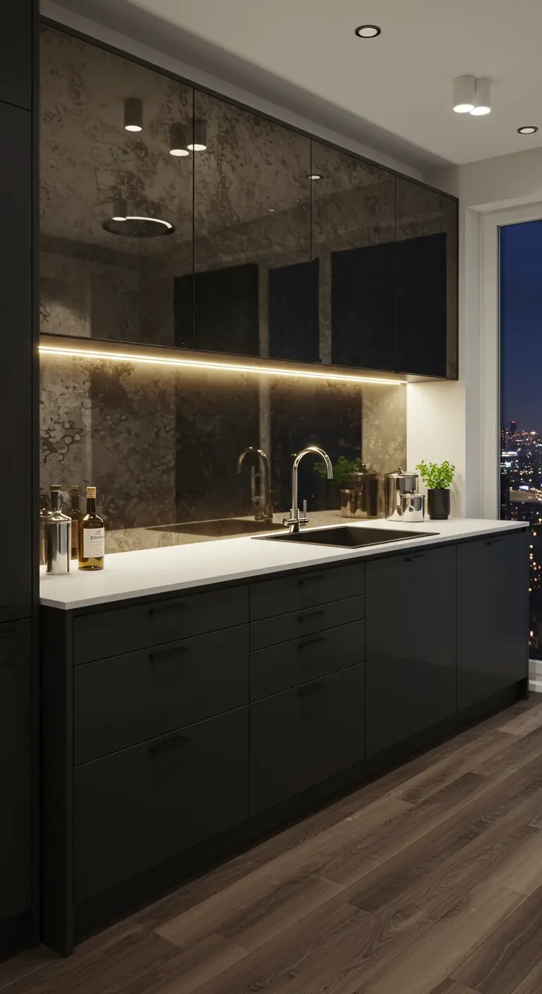 Moderne donkere keuken met een bronskleurige spiegelachterwand die het licht reflecteert.