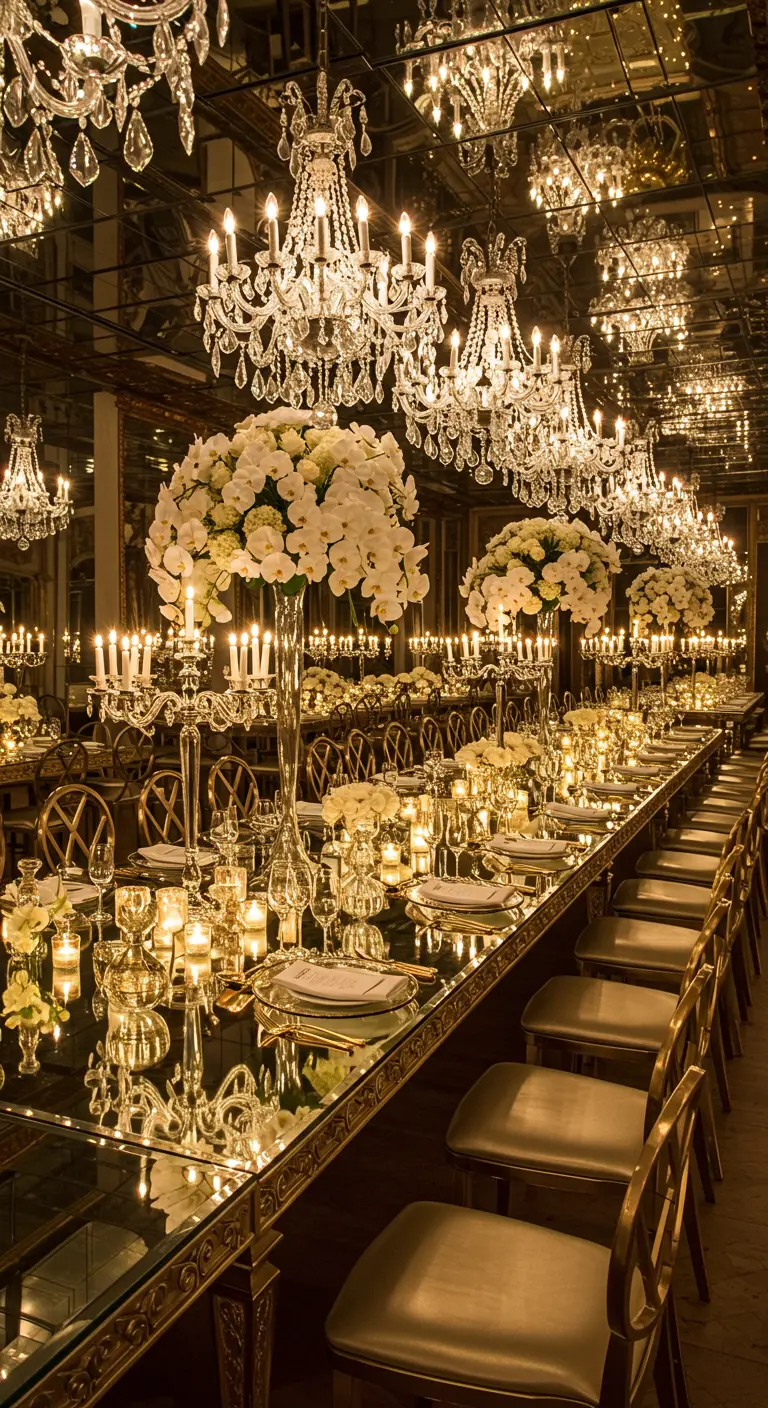 Overdadig gedekte tafel met spiegelblad, kroonluchters en witte orchideeën.