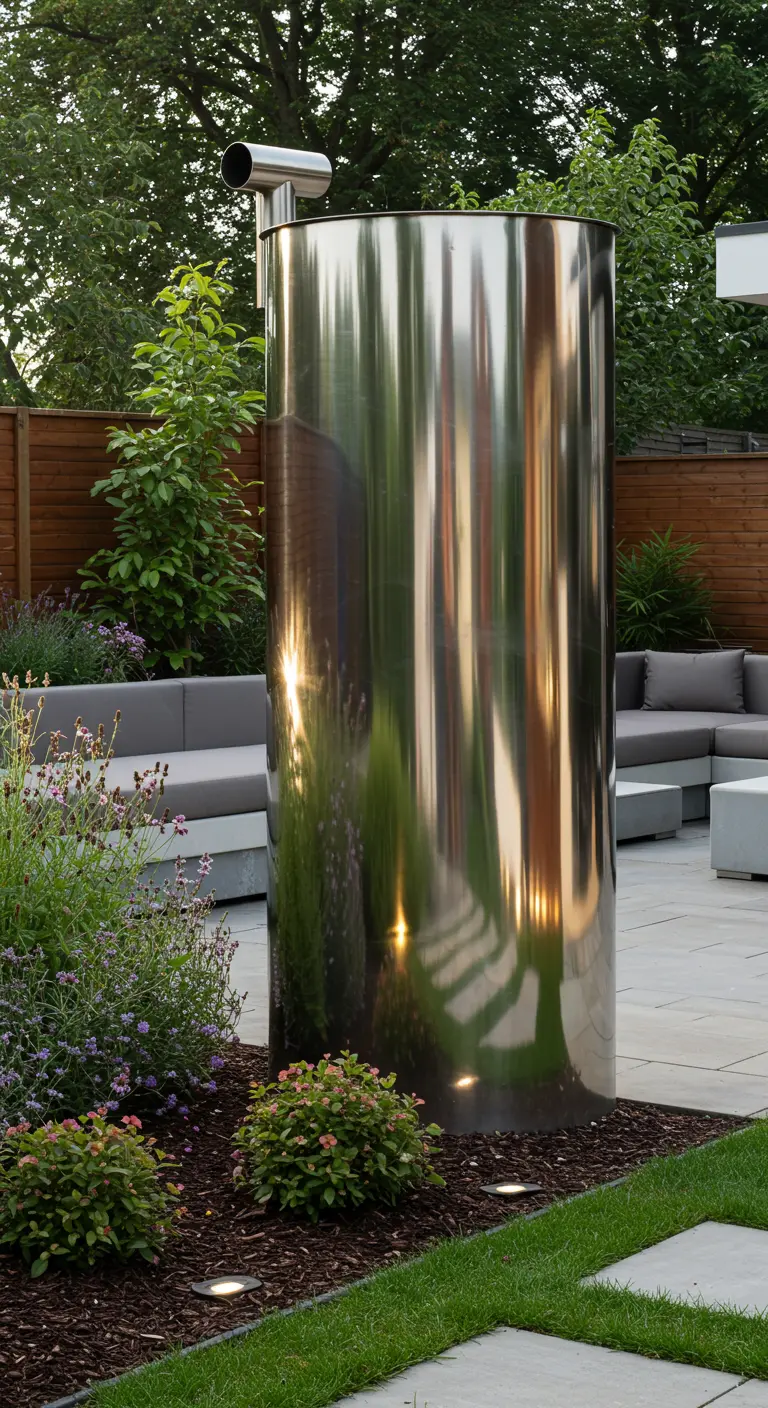 Hoge, glanzende roestvrijstalen regenton op een modern terras met planten en loungebanken.