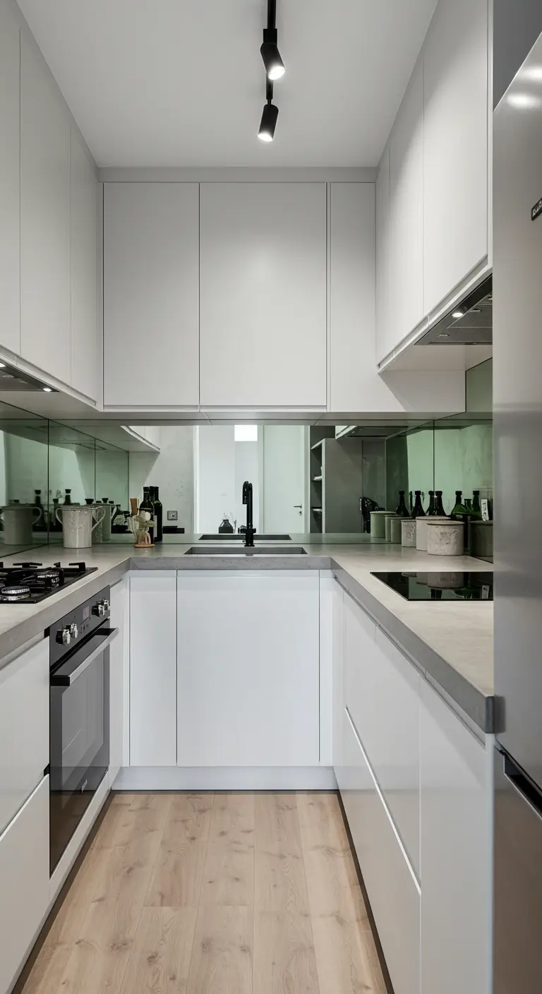 Glanzende witte kasten in compacte keuken met spiegelwand en matte grijze werkbladen.