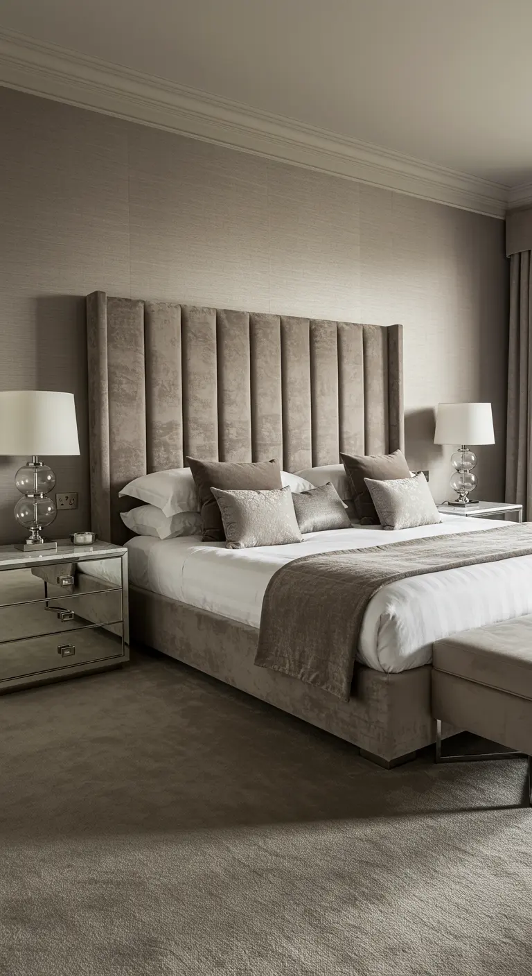 Luxe slaapkamer met hoog fluwelen hoofdbord, spiegelende nachtkastjes en glazen tafellampen.