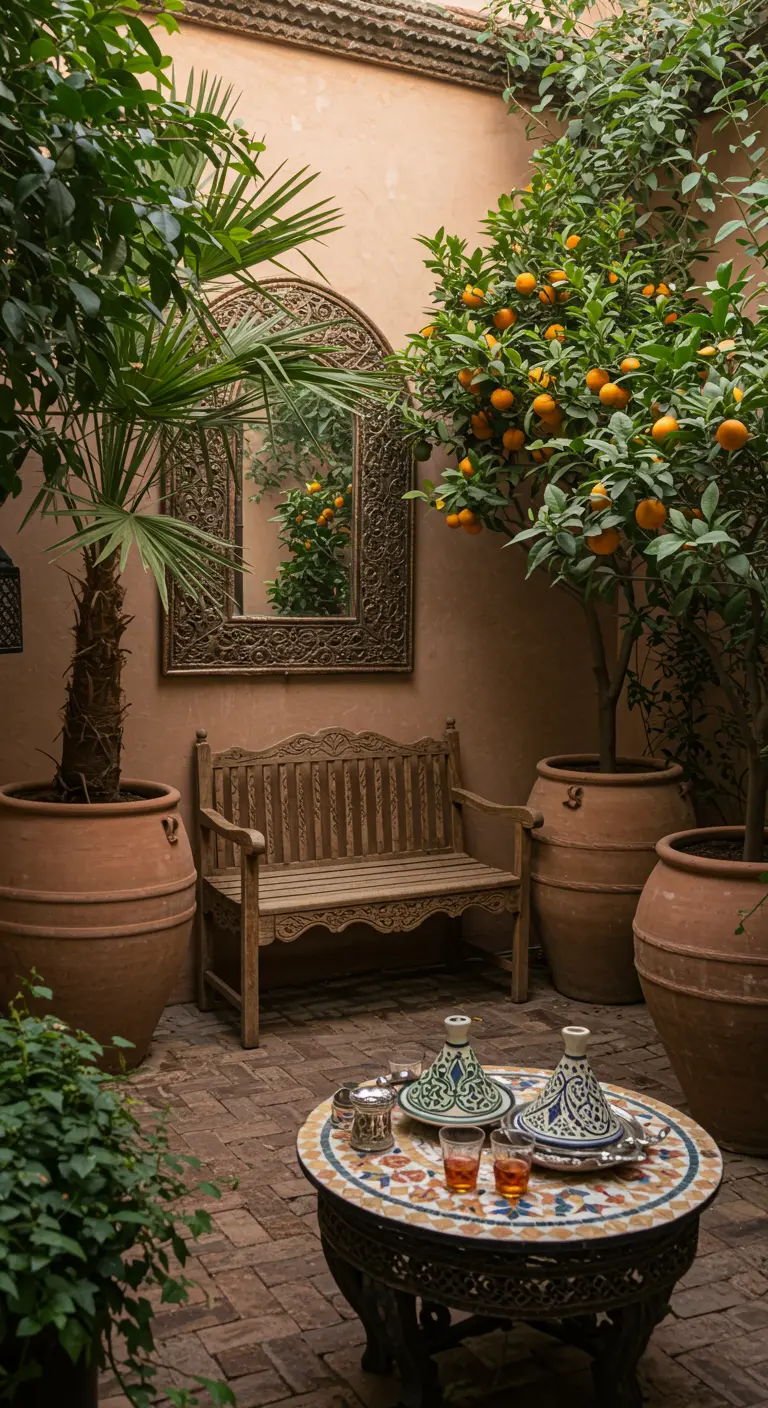 Knusse riad binnenplaats met grote spiegel, houten bank en citrusbomen in terracotta potten.