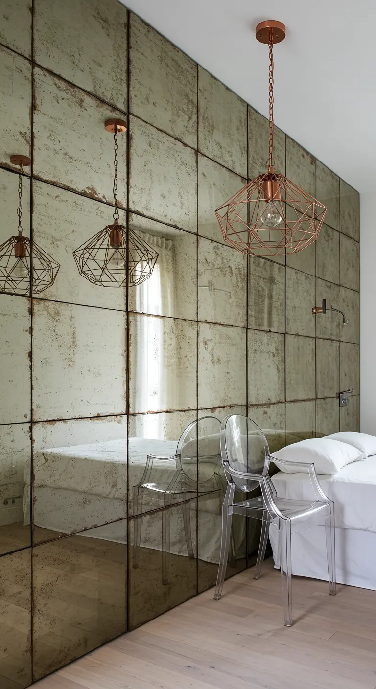 Slaapkamer met een wand van verweerde spiegeltegels en koperkleurige geometrische hanglampen.