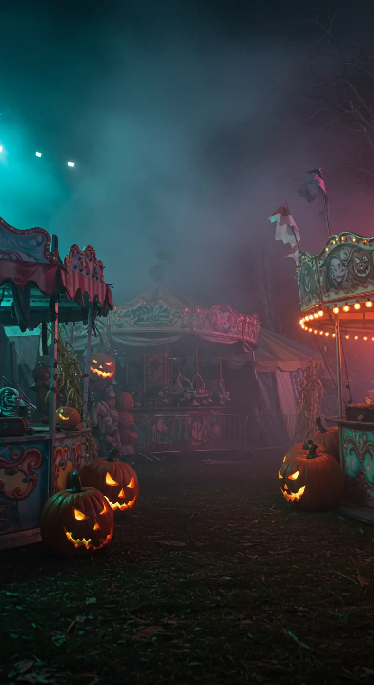 Verlaten kermis met carrousel, kraampjes, gloeiende pompoenen, mist en gekleurd licht.