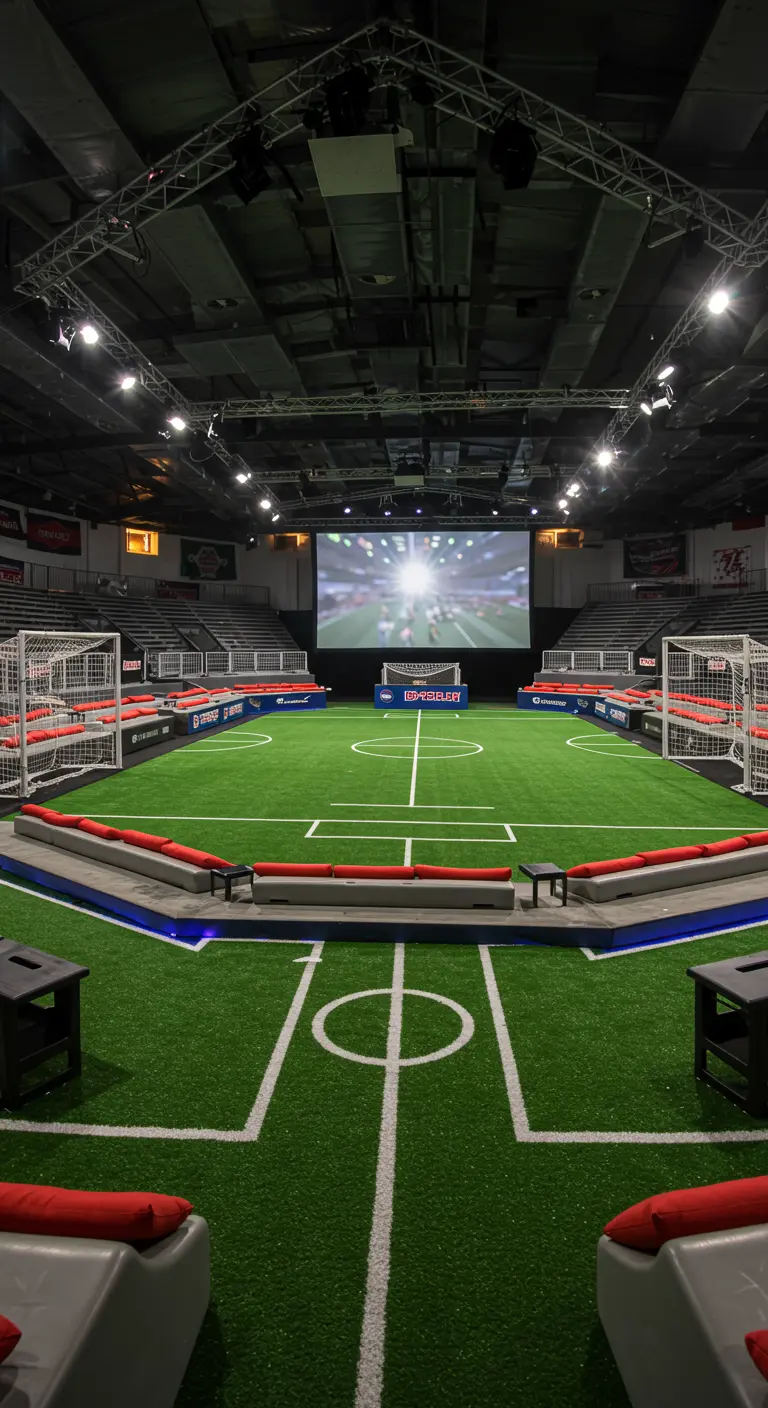 Voetbalstadion filmsetting met kunstgras, tribunes en grote goals.