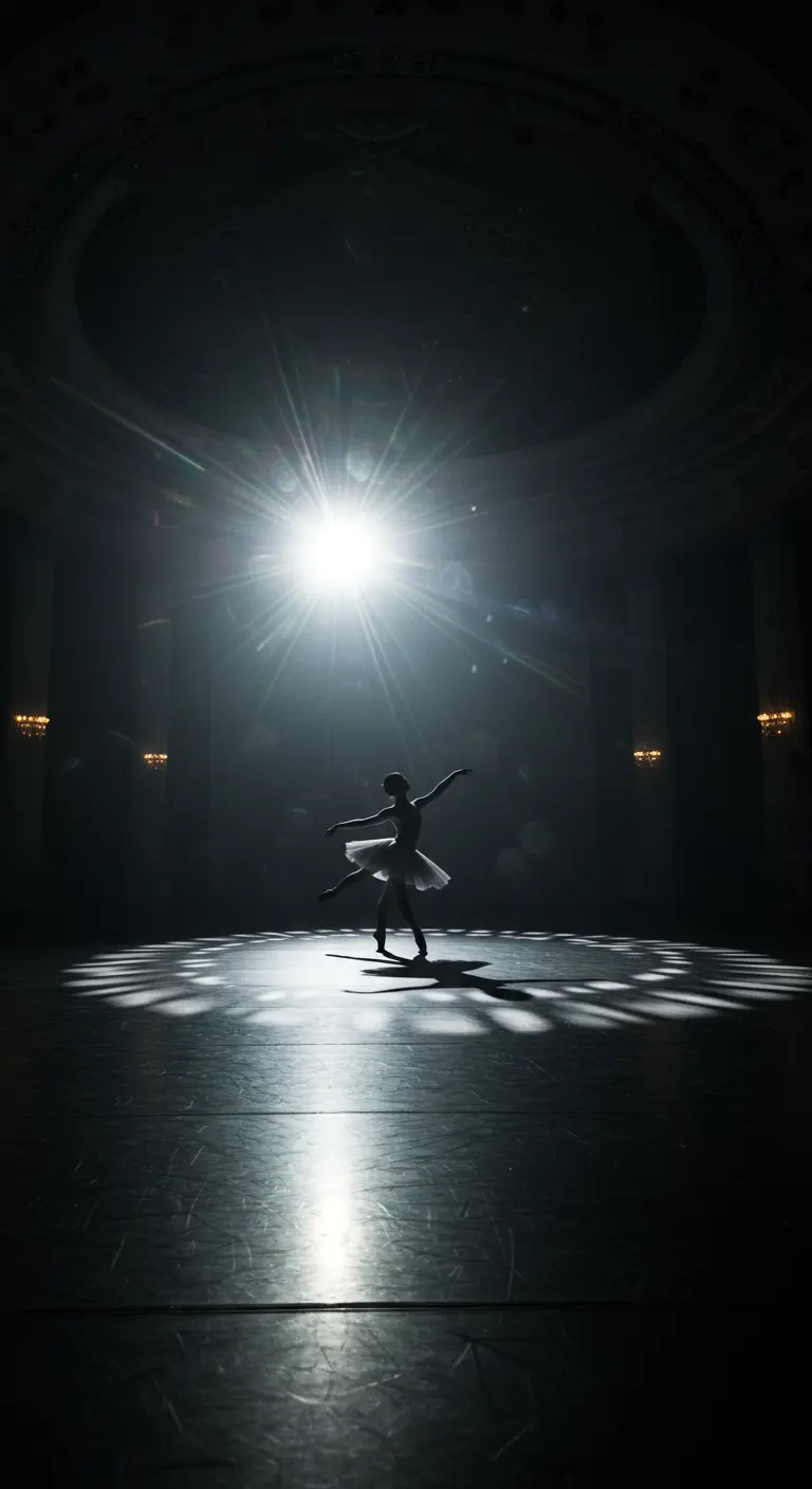 Ballerina in het donker, vol in een felle spotlight op een podium.