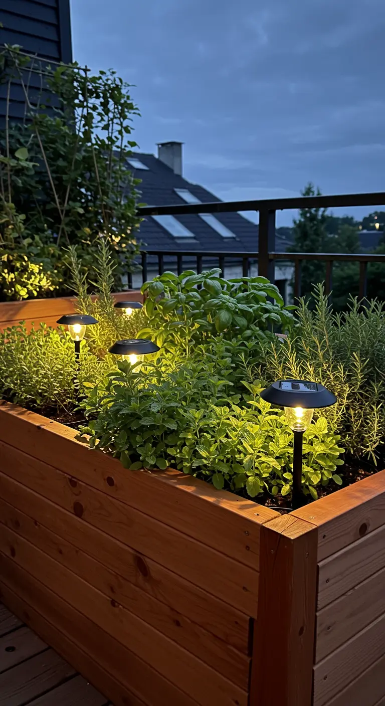 Een houten kruidenbak op een dakterras, waarbij de kruiden van onderaf worden verlicht door solar-spotjes.
