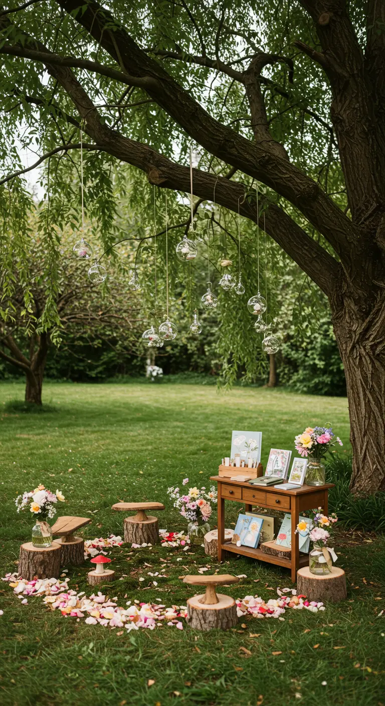 Buitenleeshoek voor kinderen met boomstronken, boeken en hangende glazen vaasjes.