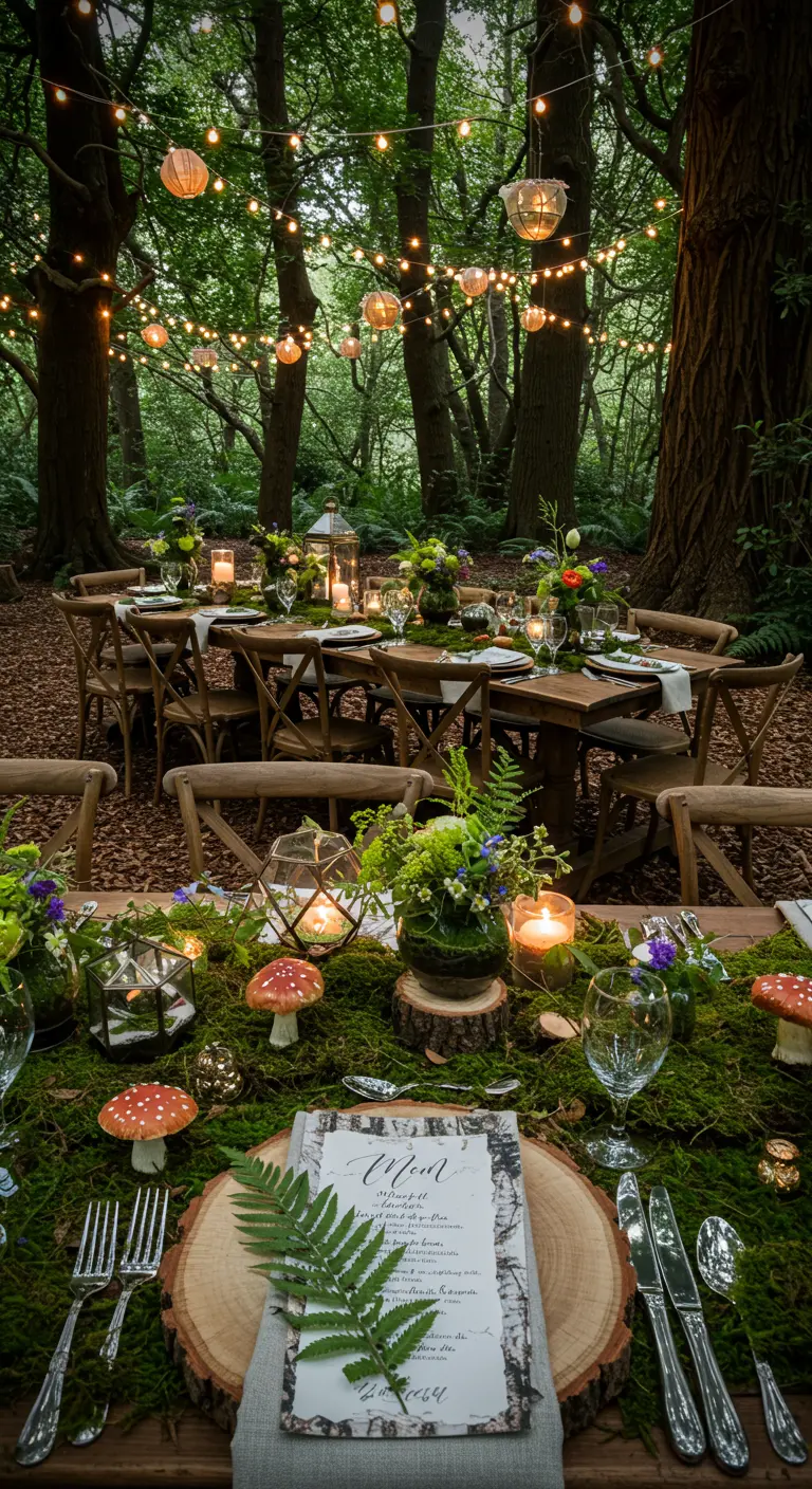 Forest wedding reception with long wooden tables, moss runner, mushrooms, and lanterns.