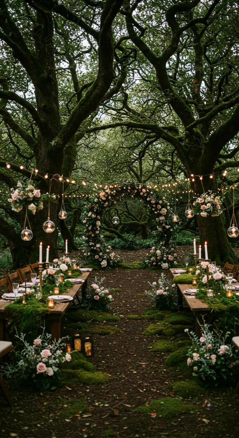 Trouwceremonie en diner in een mosrijk bos met bloemen, kaarsen, en sfeervolle lichtslingers.