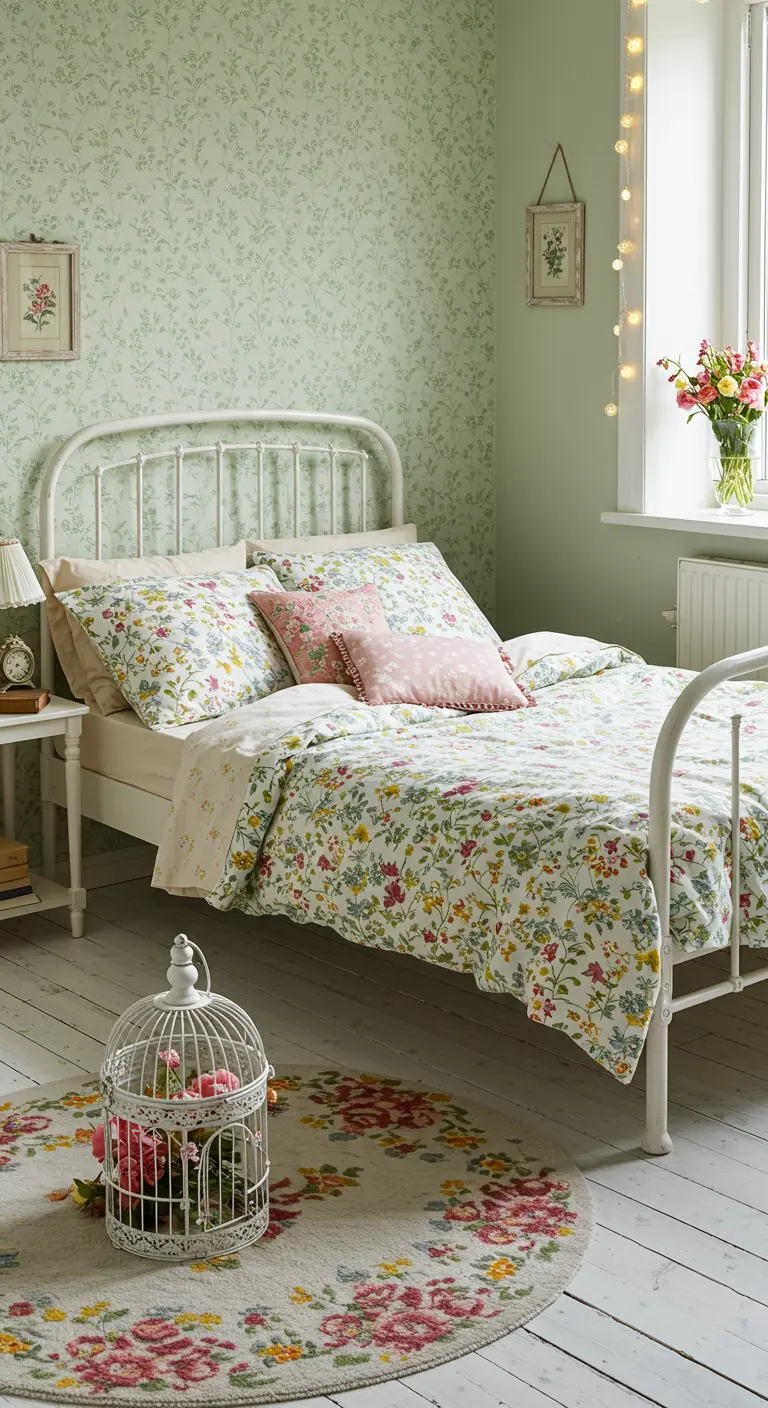 Dromerige slaapkamer met mintgroen bloemenbehang, wit ijzeren bed en lichtslingers.