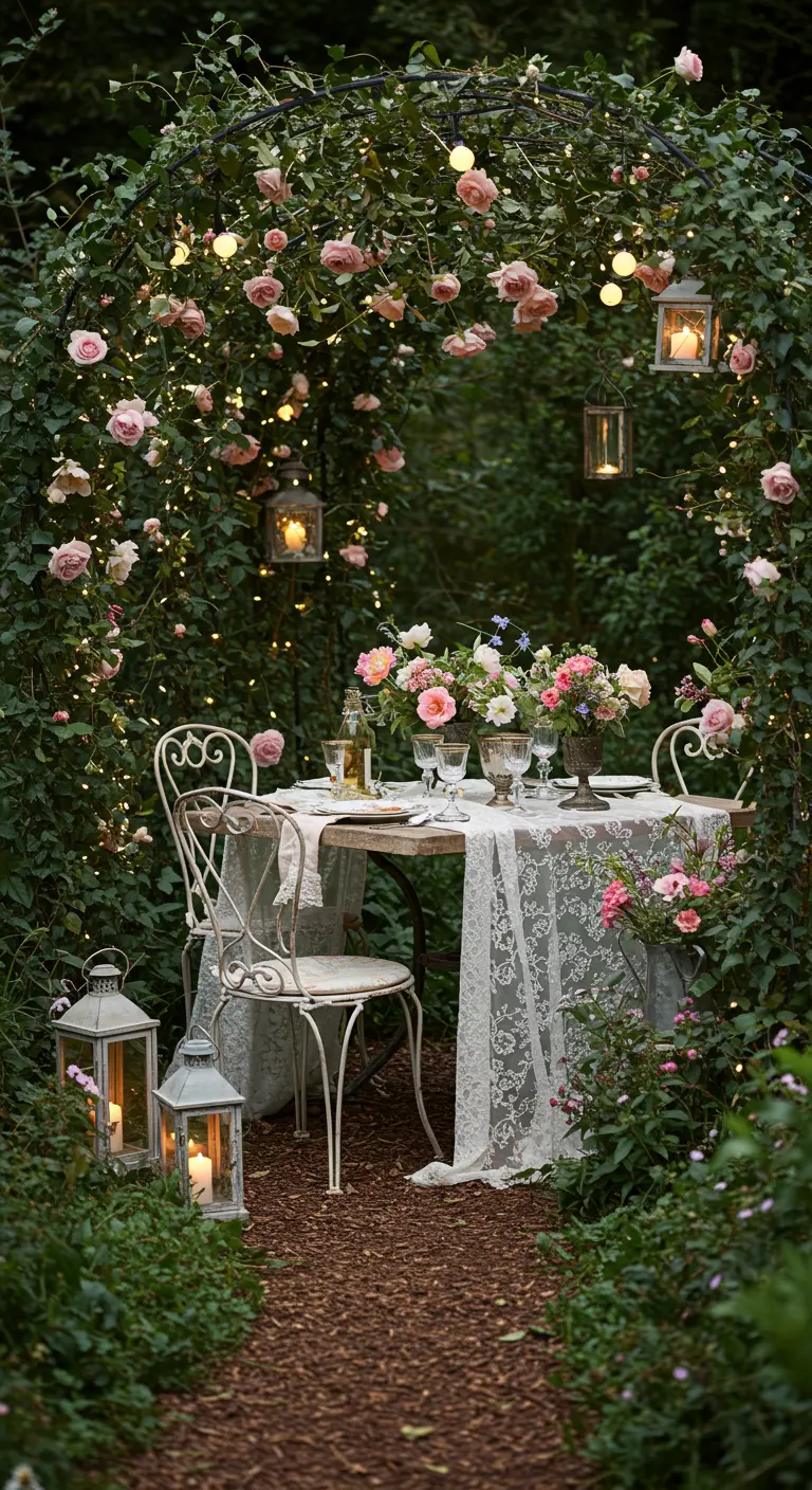 Romantische tuinset onder een boog van rozen en lichtslingers, met kleine gedekte tafel.
