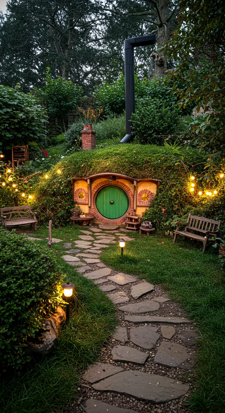 Regenton vermomd als Hobbit huisje met ronde groene deur, omringd door planten en lichtjes in een tuin.