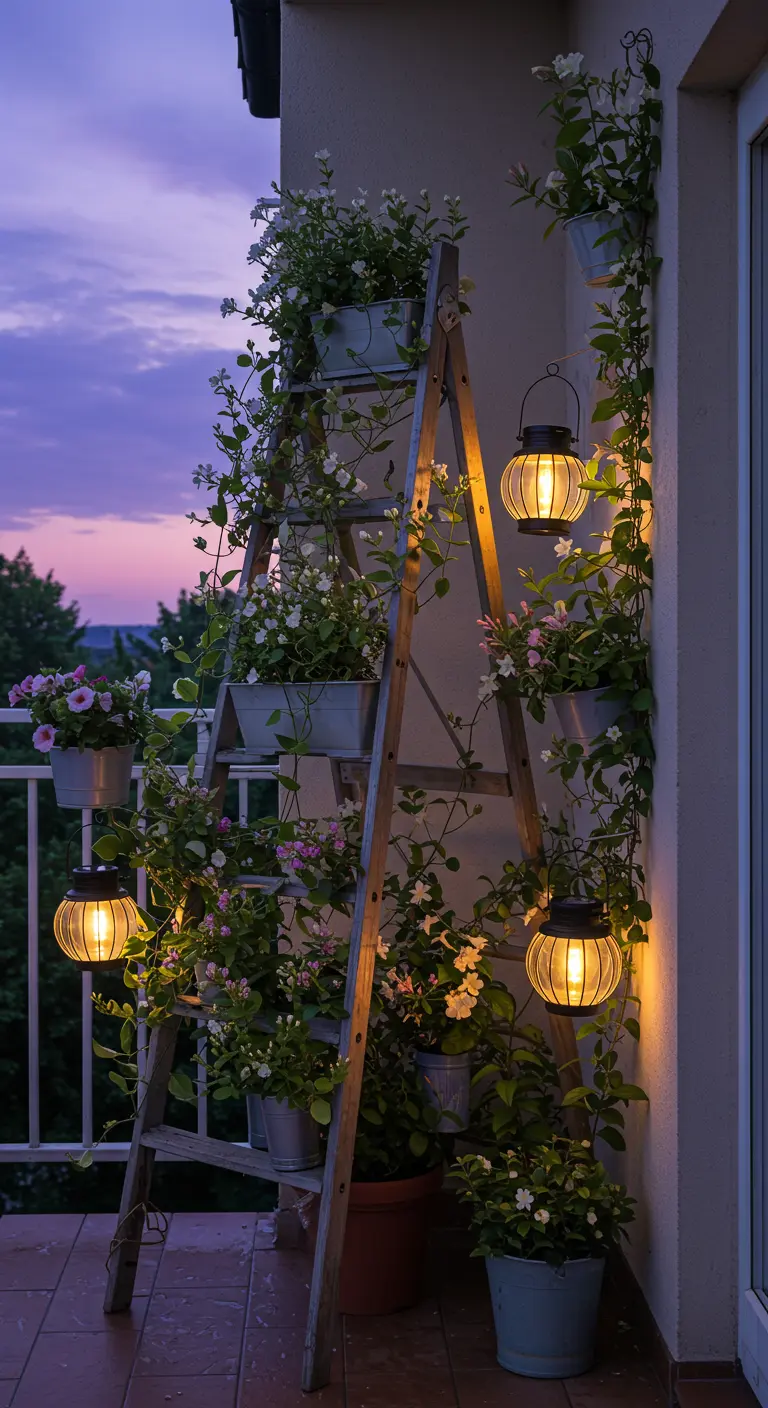 Houten ladder 's avonds op een balkon, begroeid met klimplanten en verlicht door lampionnen.