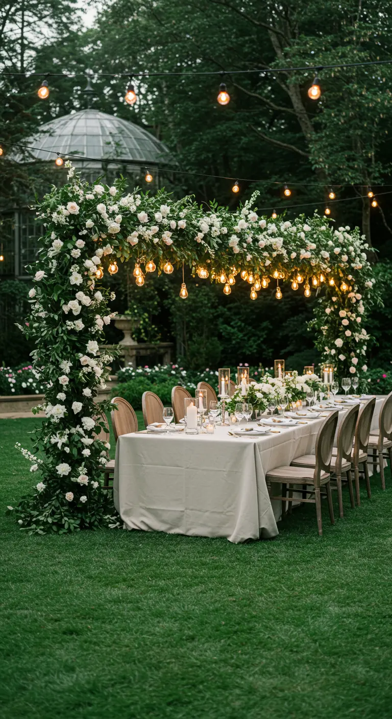 Grote bloemenboog met witte rozen en sfeerverlichting boven een dinertafel in de tuin.