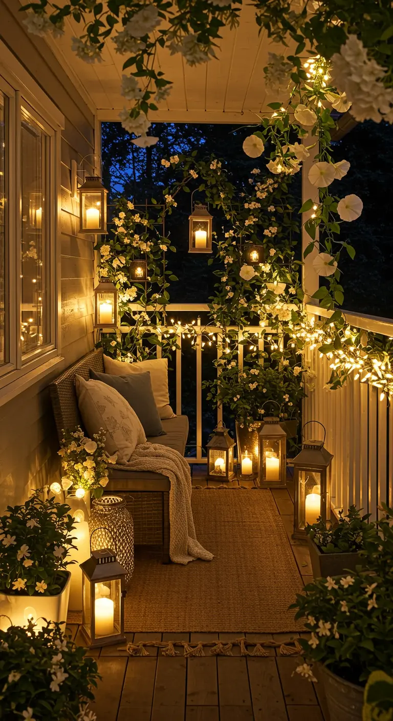 Nachtelijk balkon met lichtslingers, lantaarns en bloeiende klimplanten voor sprookjessfeer.