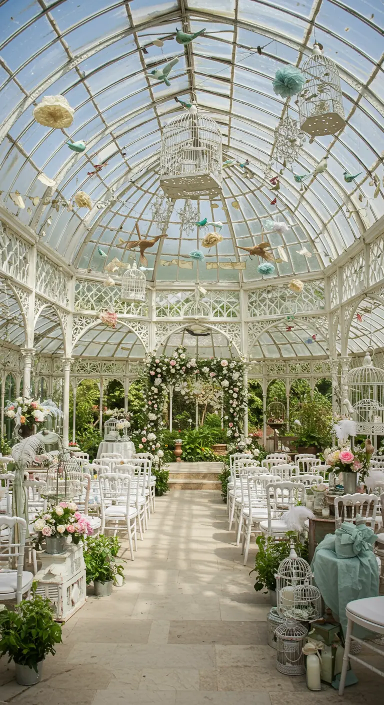 Witte orangerie met vogelkooitjes, papieren decoraties en een bloemenboog voor een bruiloft.
