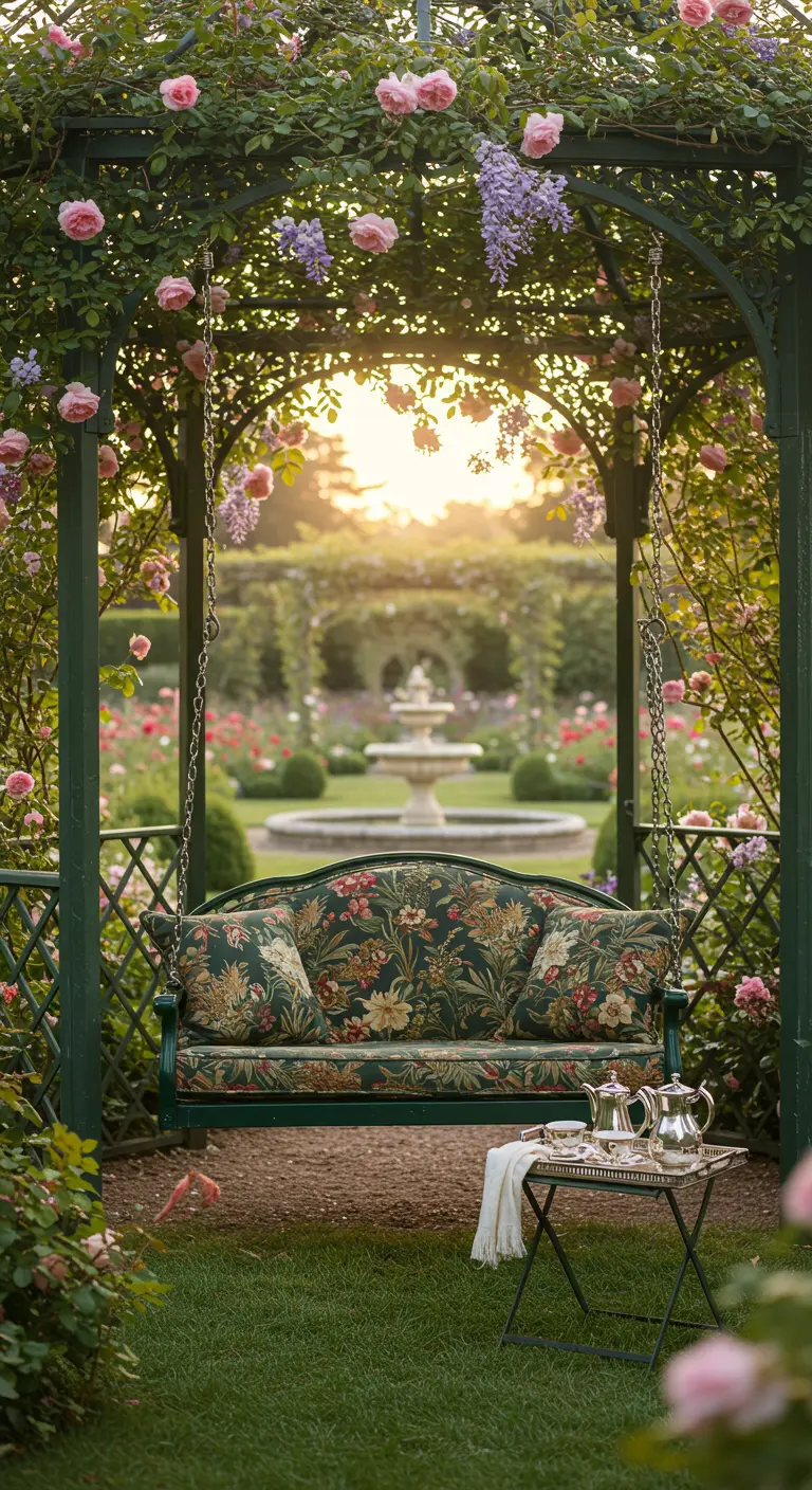 Groene metalen schommelbank onder rozenpergola in grote tuin met fontein bij zonsondergang.
