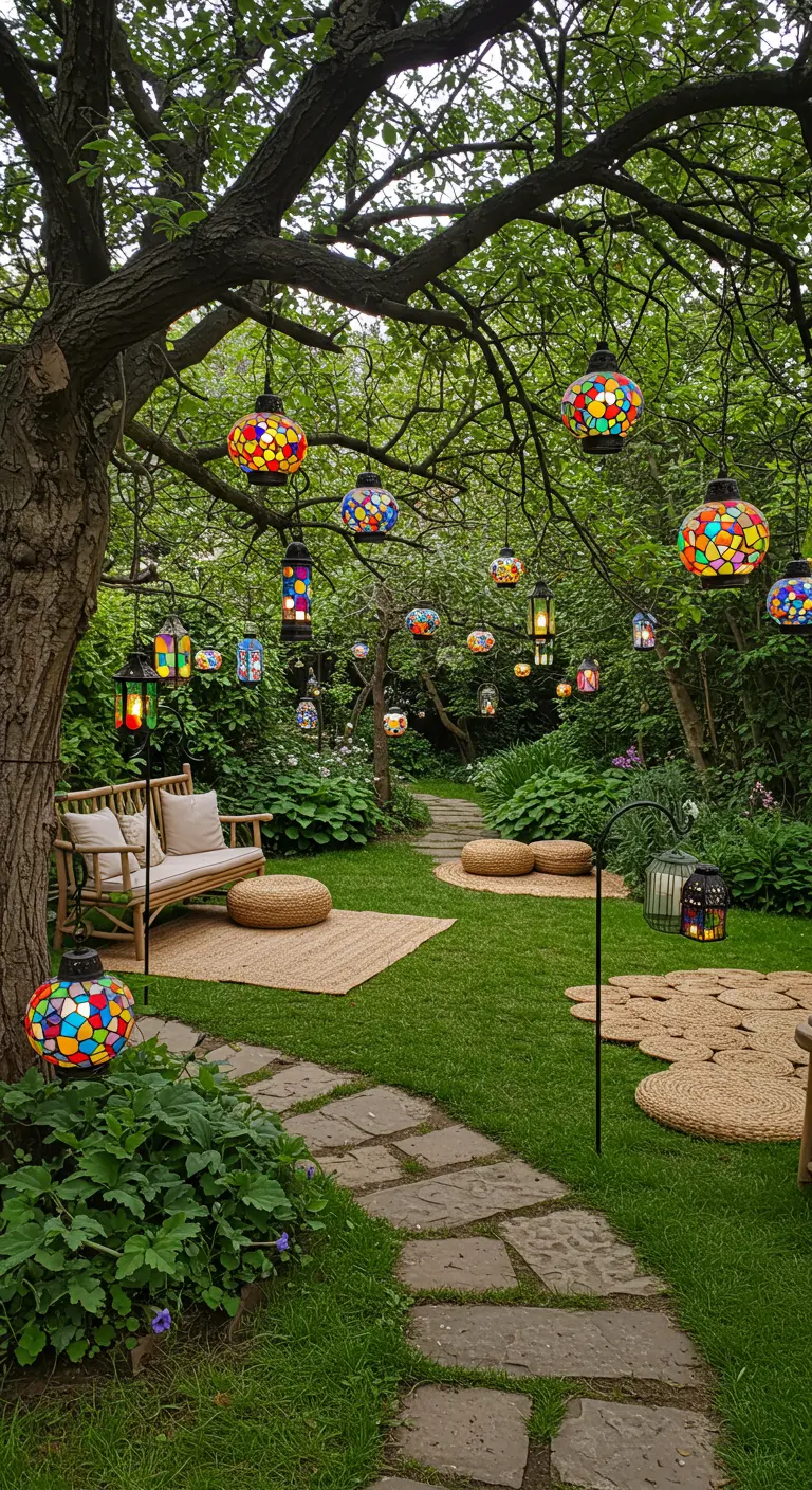 Tuin met grote boom, lichtslingers van glas-in-lood hanglampen, jute vloerkleden en zitmogelijkheden.