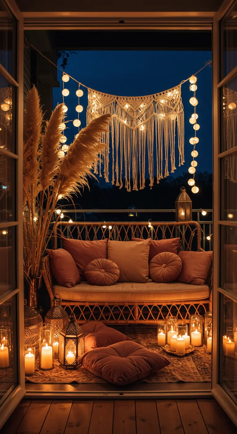 Romantisch balkon met roze kussens, verlicht macramé en heel veel kaarsen.
