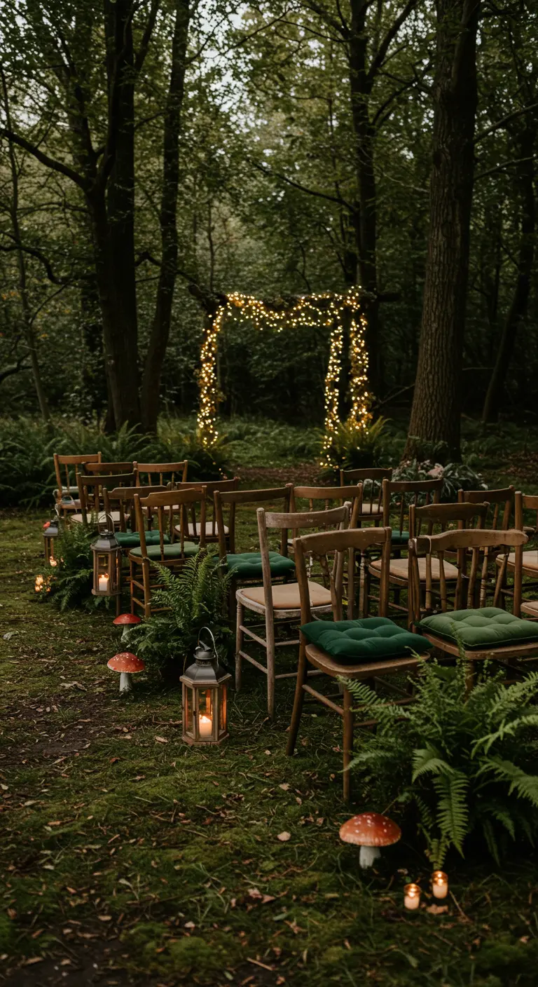 Trouwceremonie-opstelling in een bos met houten stoelen en een boog met lichtjes.