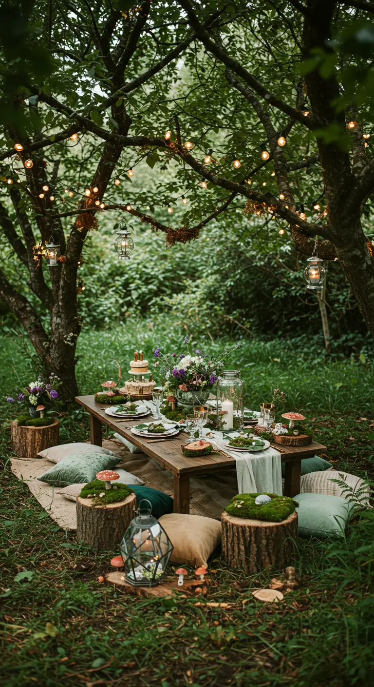 Brunchtafel in het bos met boomstronken, lichtjes en bosdecoraties.