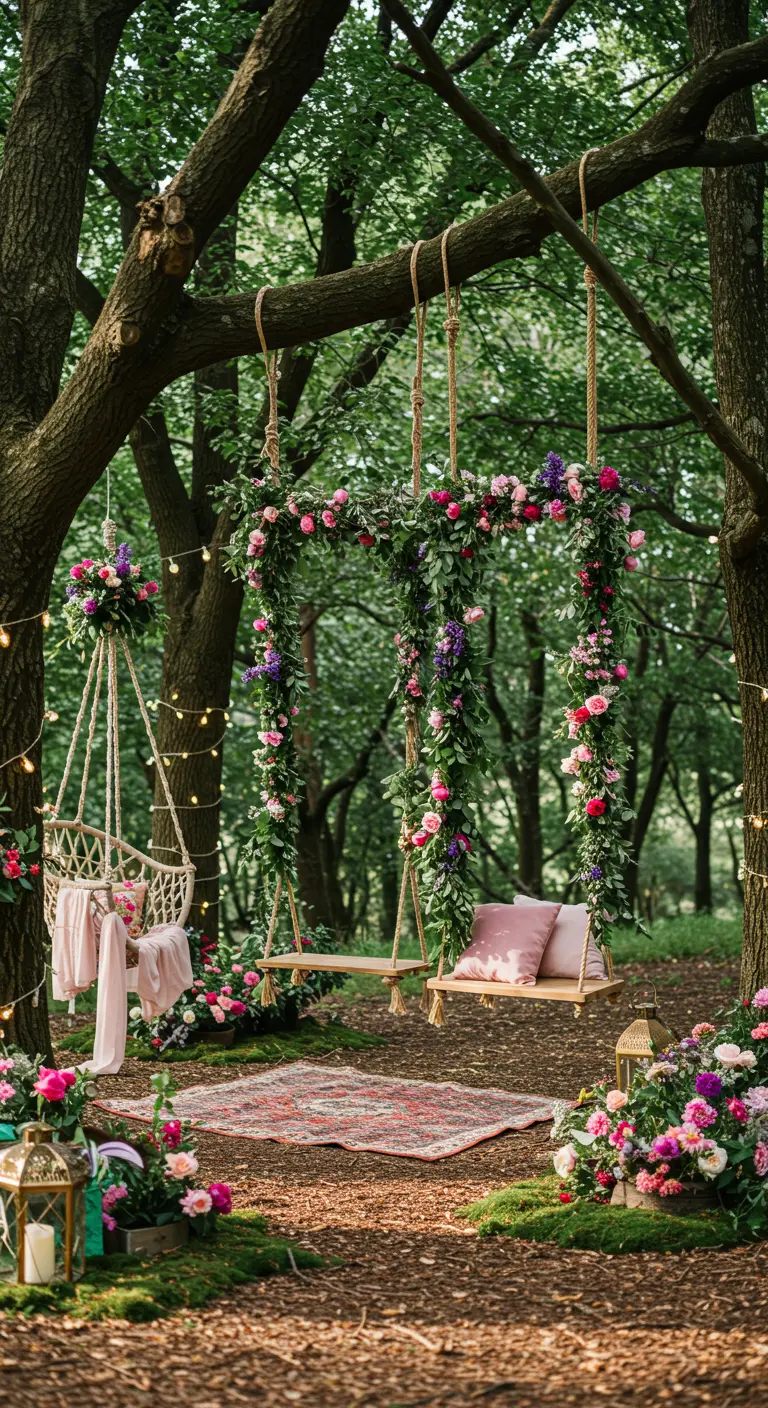 Forest swing setup met bloemen, hangende stoelen, houten bank en lichtslingers.