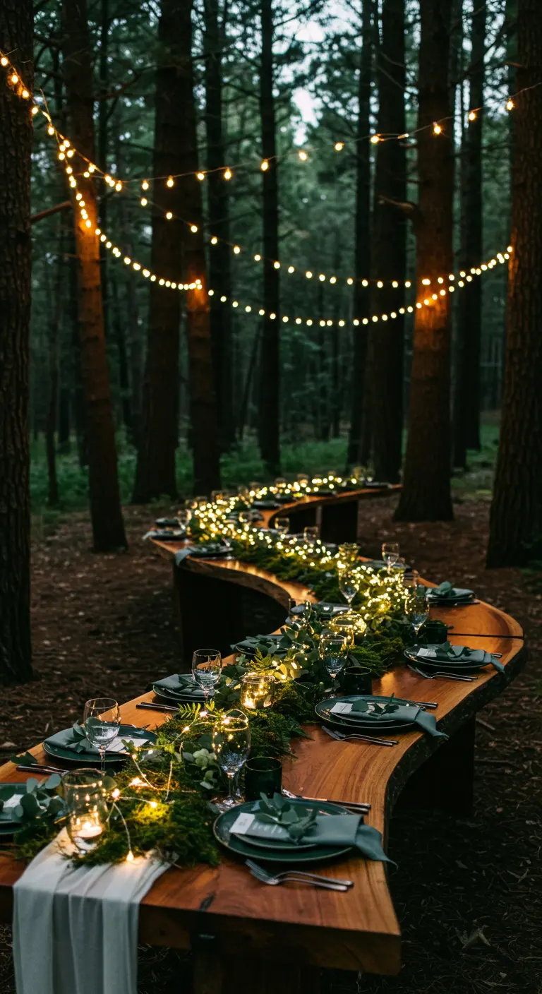 Kronkelende houten tafel in een bos, versierd met een guirlande van mos, eucalyptus en lichtjes.