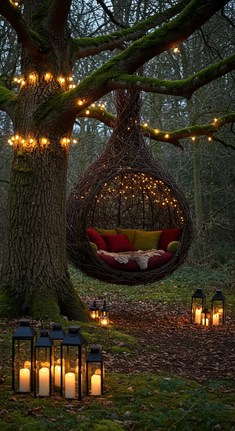 Organisch daybed van takken, hangend in een boom en verlicht met lampjes en kaarsen.