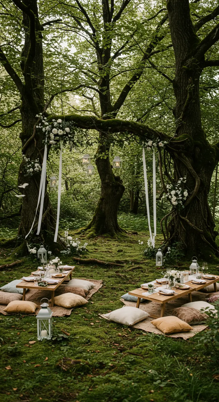Romantische picknick in het bos met lage tafels, kussens en lantaarns.