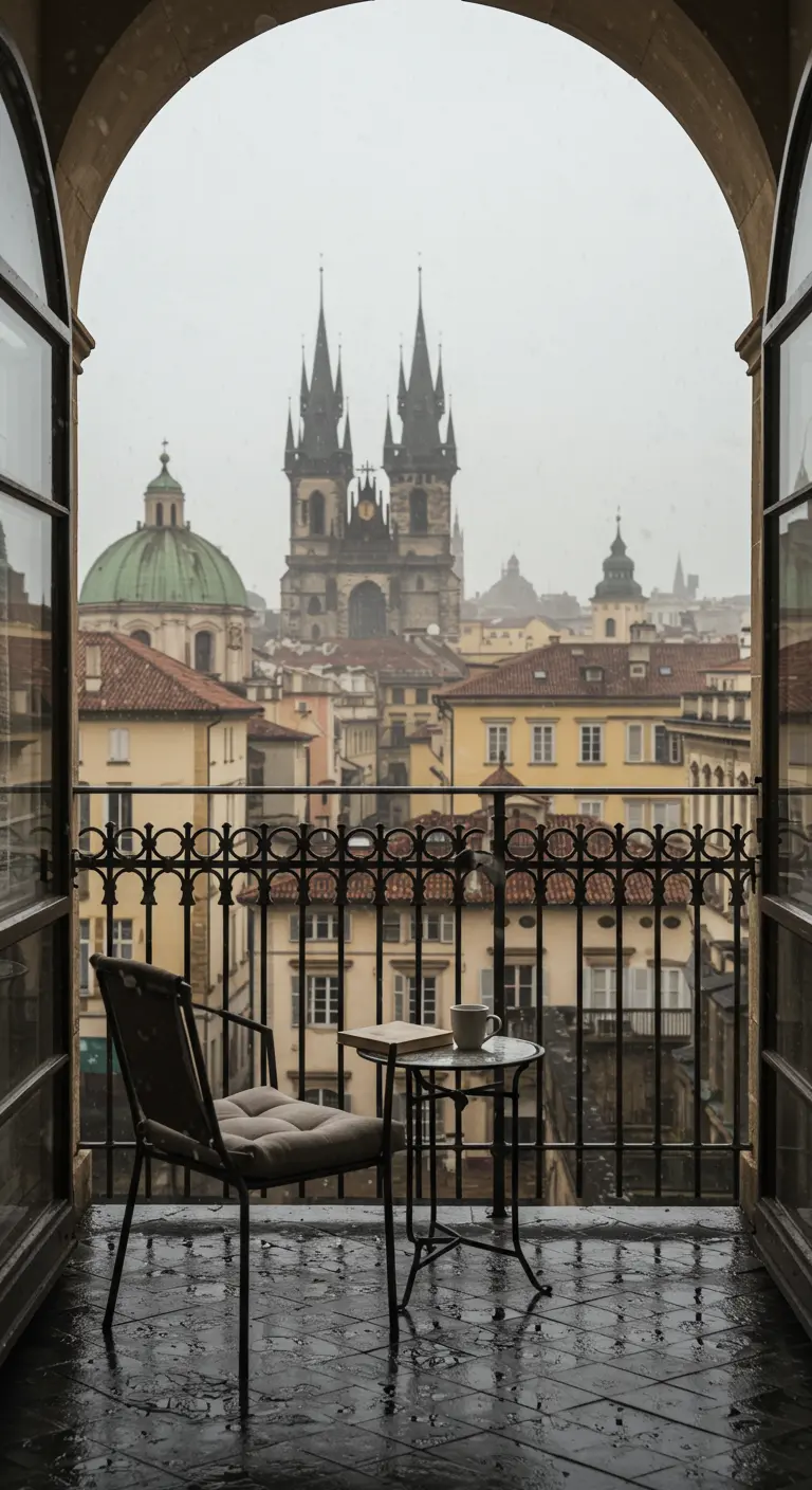 Uitzicht op de daken van Praag vanaf een balkon met een stoel op een regenachtige dag.