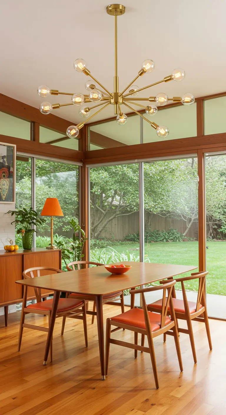 Eetkamer in mid-century stijl met een goudkleurige sputnik-kroonluchter boven een houten tafel.