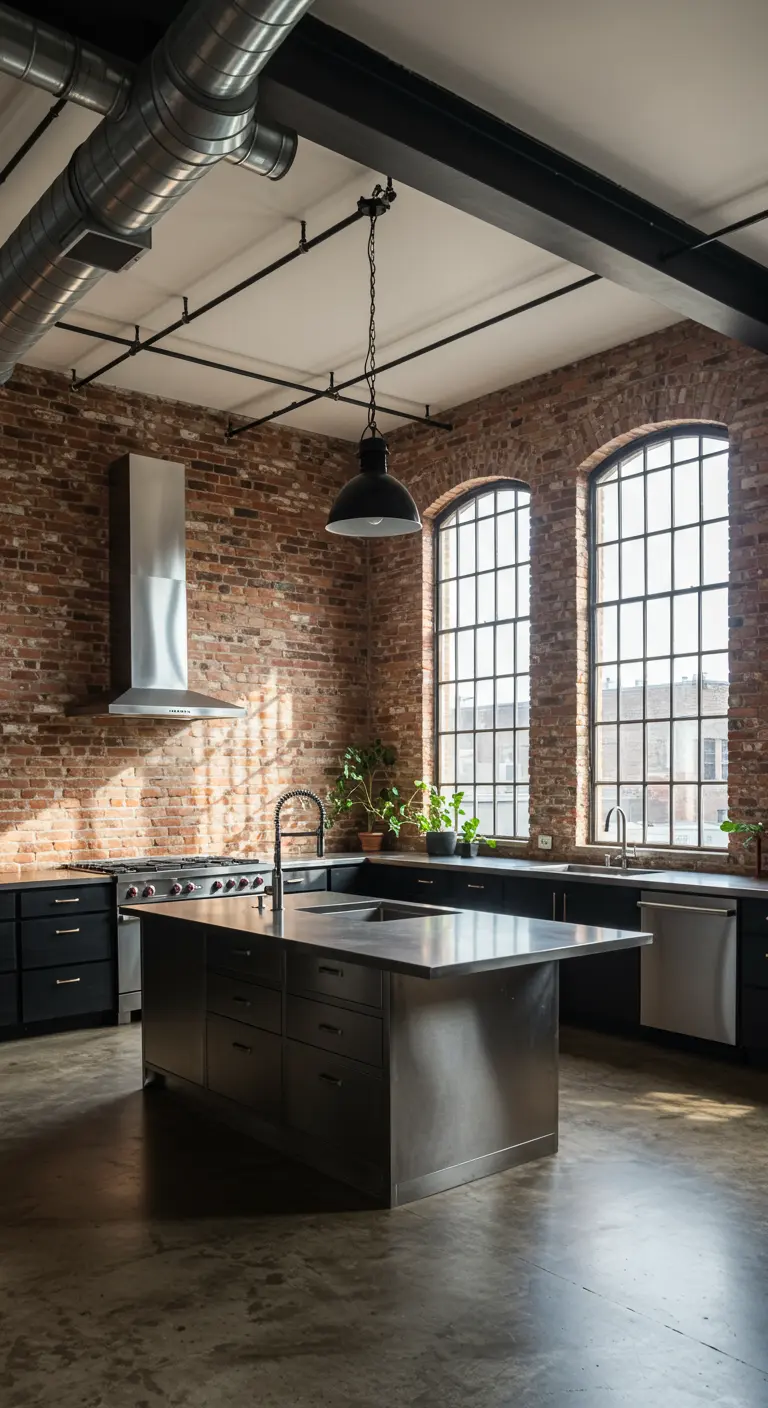Loftkeuken met bakstenen muur, stalen kookeiland en grote industriële ramen.