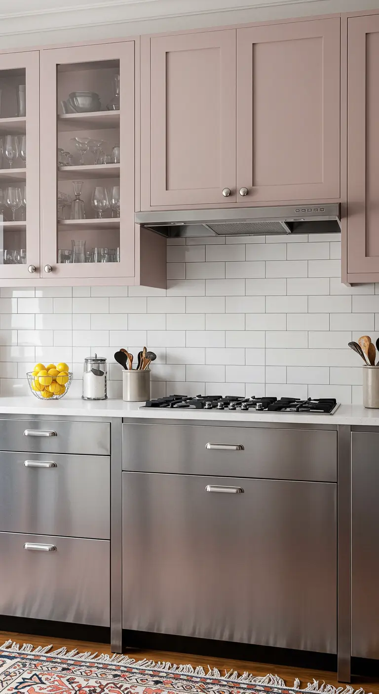Keuken met RVS onderkasten en oudroze bovenkasten tegen een wand met witte metrotegels.