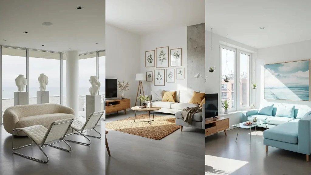Drie moderne, stads-chique woonkamers met betonaccenten, kunst en eigentijds meubilair.