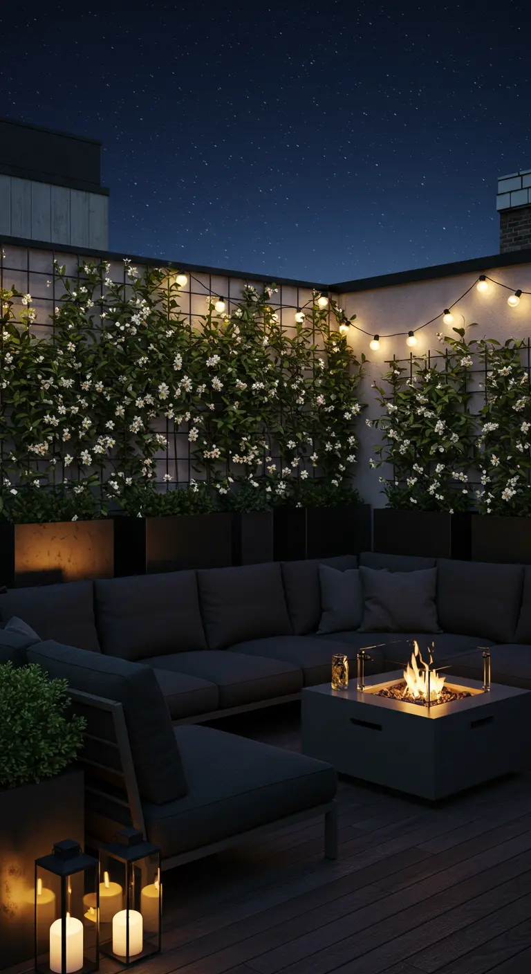 Luxe dakterras met een grote bank, vuurtafel en klimplanten onder de sterren.