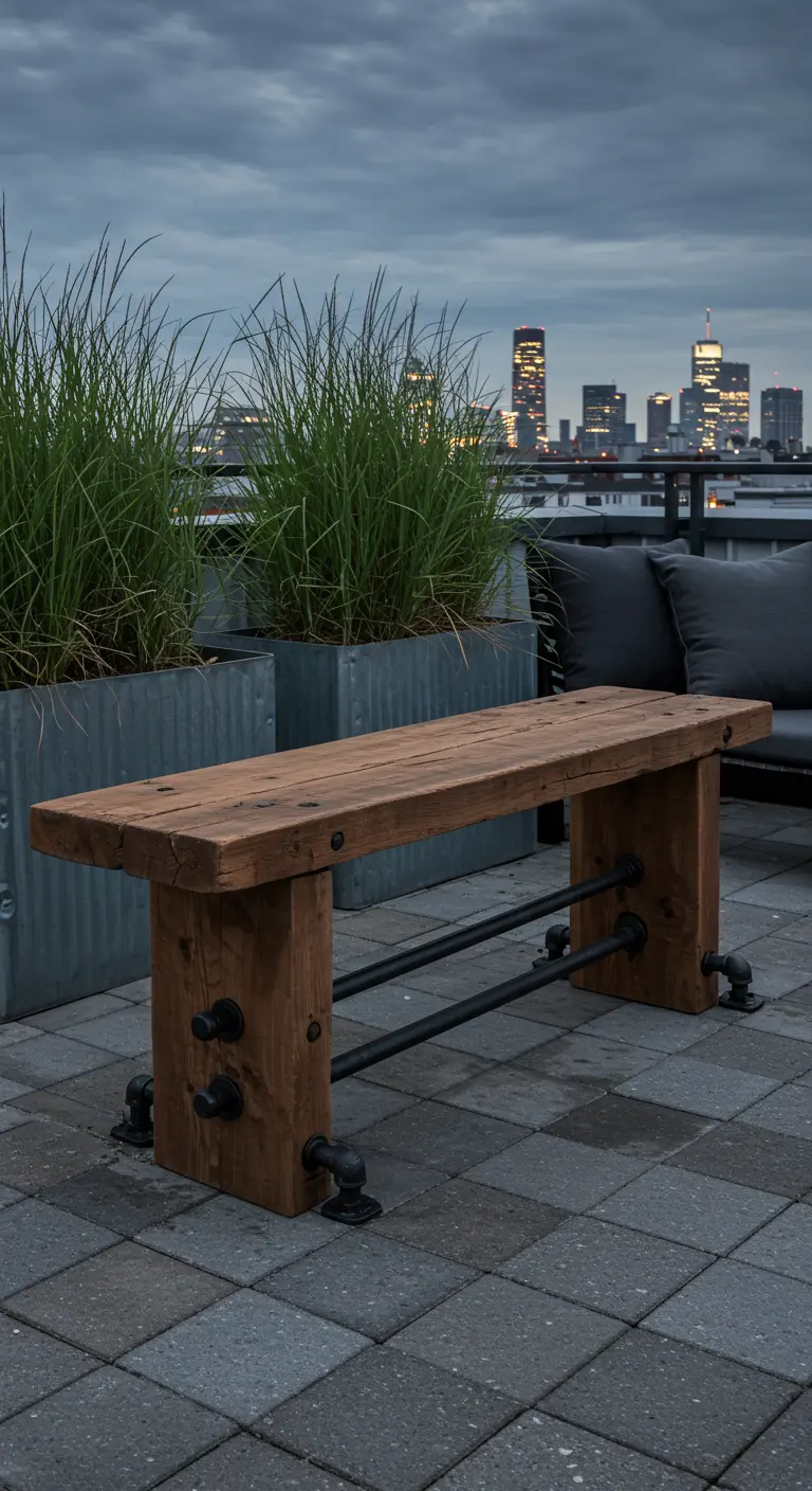 Robuust houten bankje met industrieel onderstel van zwarte buizen op een dakterras.