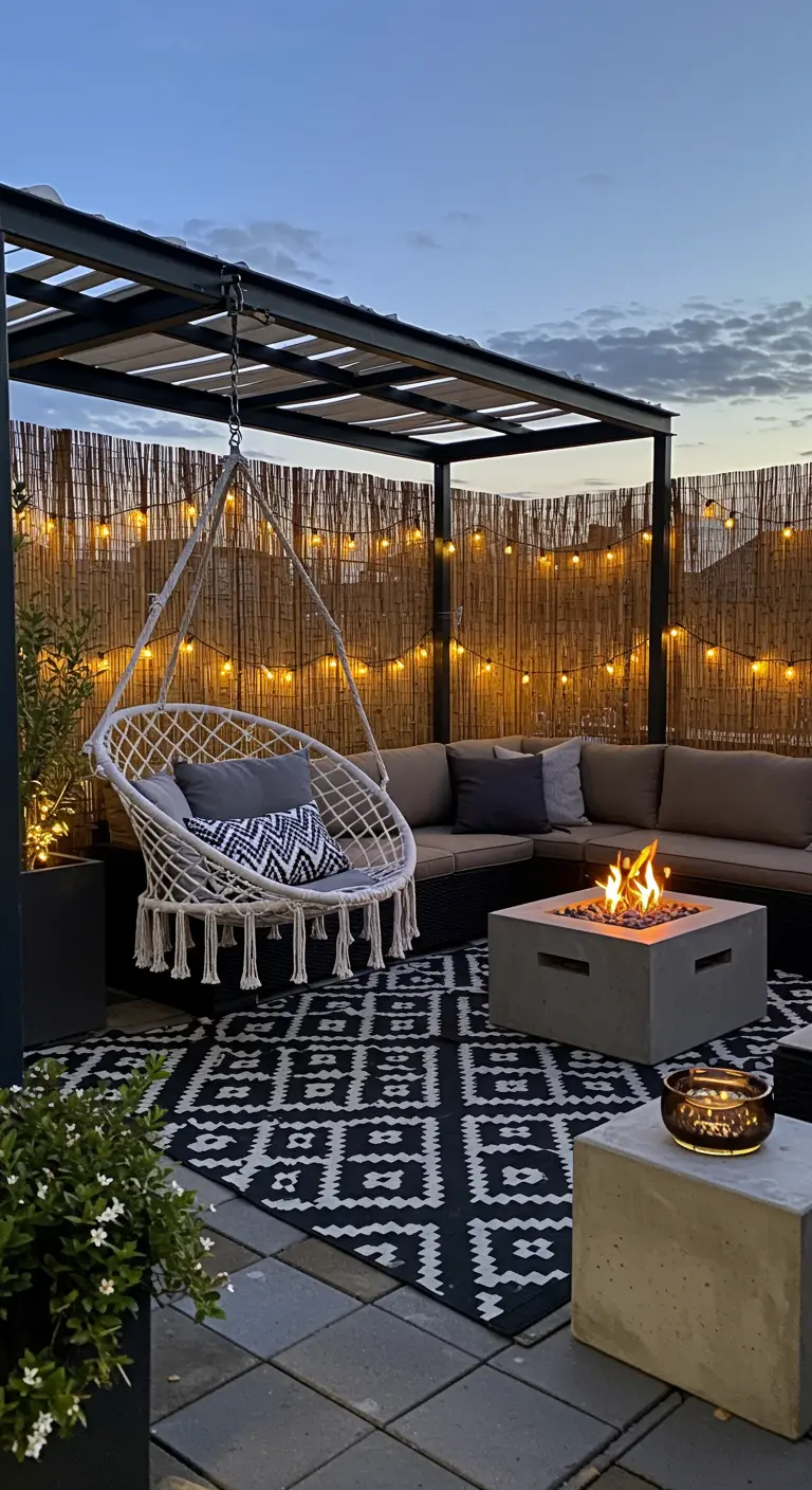 Moderne patio met macramé hangstoel, vuurkorf en sfeerverlichting bij schemering.