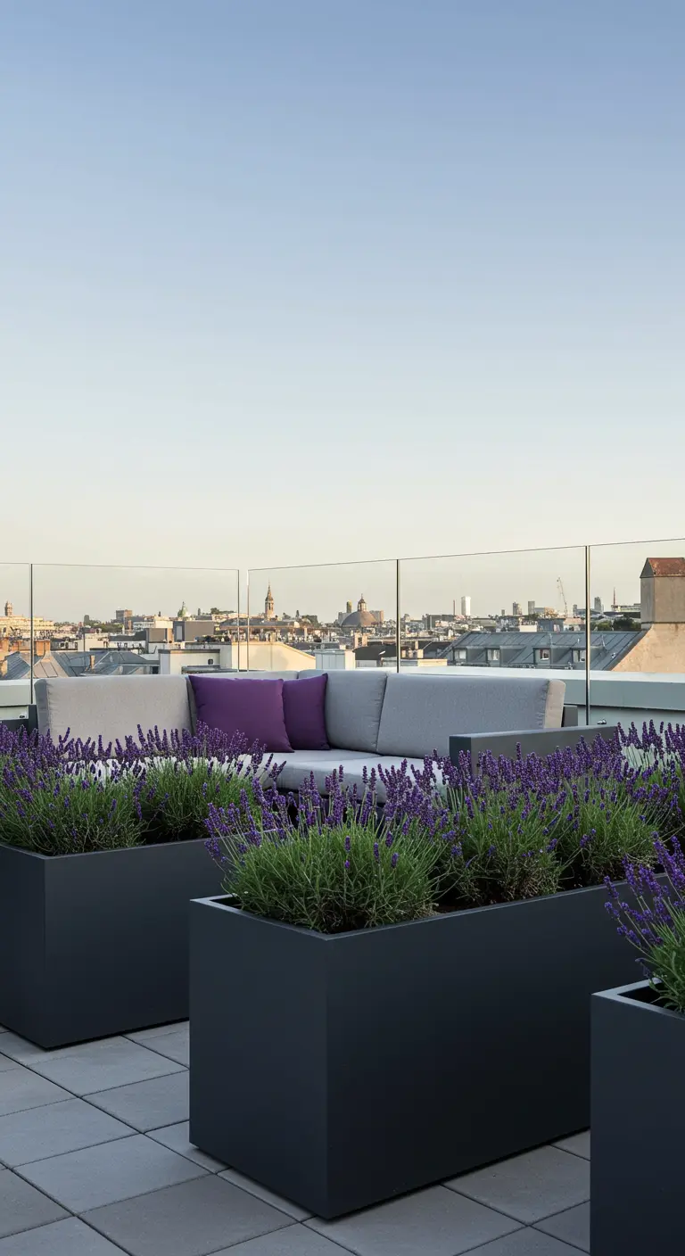 Dakterras met een moderne loungebank en grote, strakke bakken met lavendel.