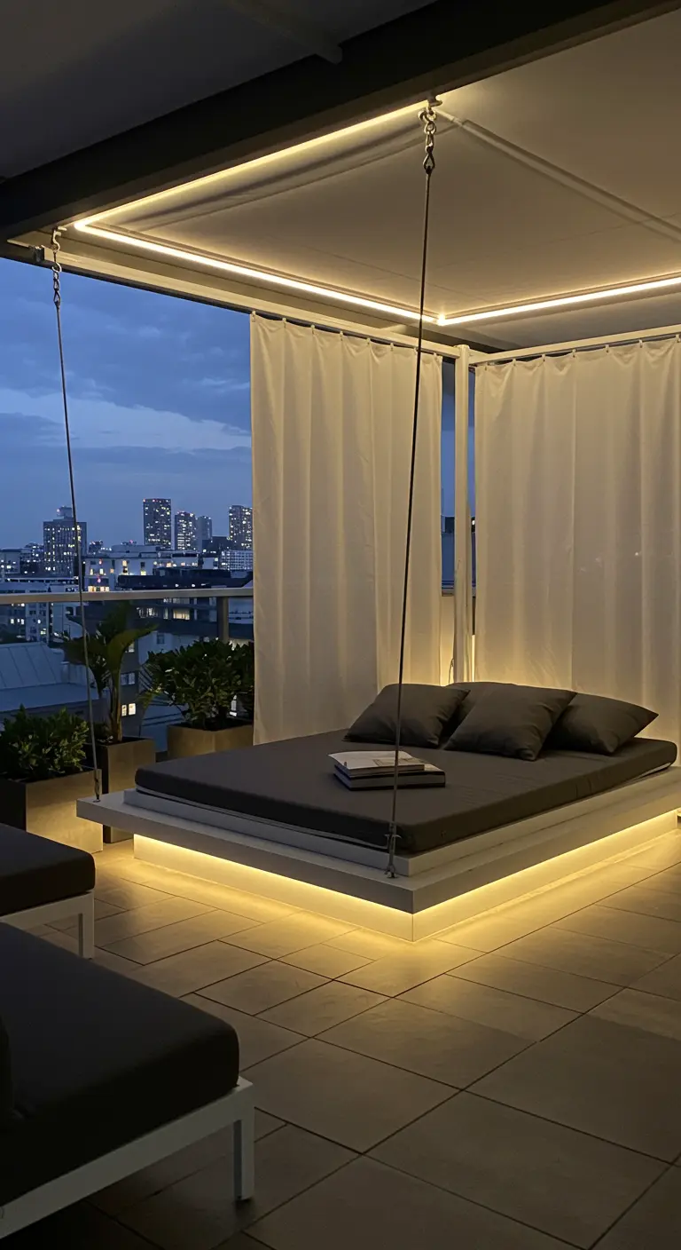 Modern zwevend bed op een dakterras met stadszicht, verlicht met onderbed LED-strips en witte gordijnen.