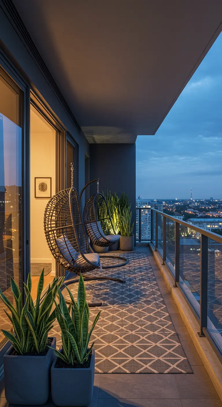 Twee donkere rotan hangstoelen op een modern stadsbalkon met een grafisch vloerkleed en planten.