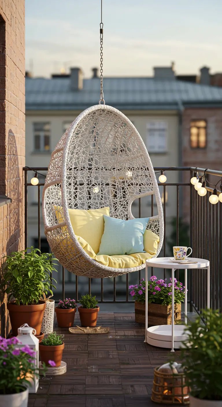 Witte hangstoel met gele en mintgroene kussens op een stadsbalkon met planten en lichtslinger.
