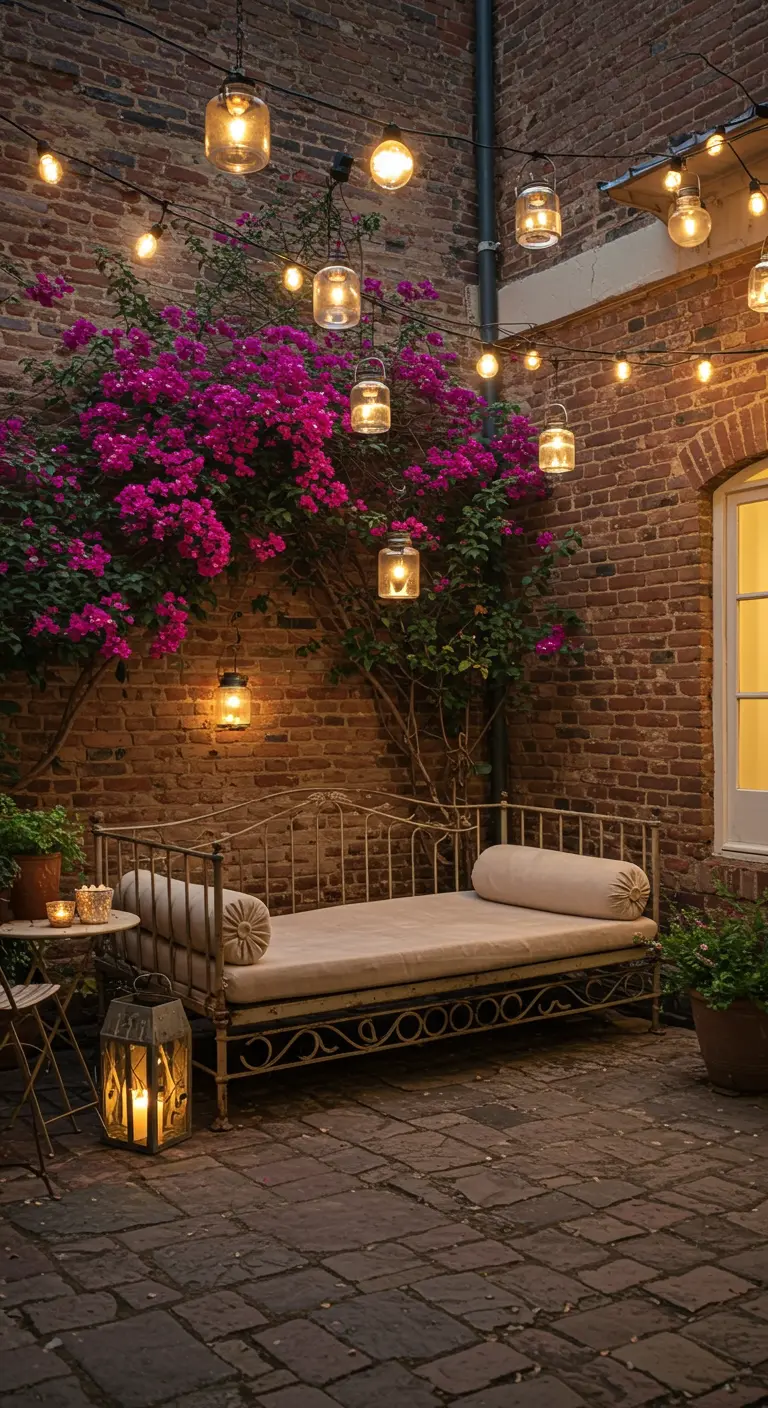 Sfeervolle stadstuin met bakstenen muur, daybed, lichtsnoer en bougainvillea.