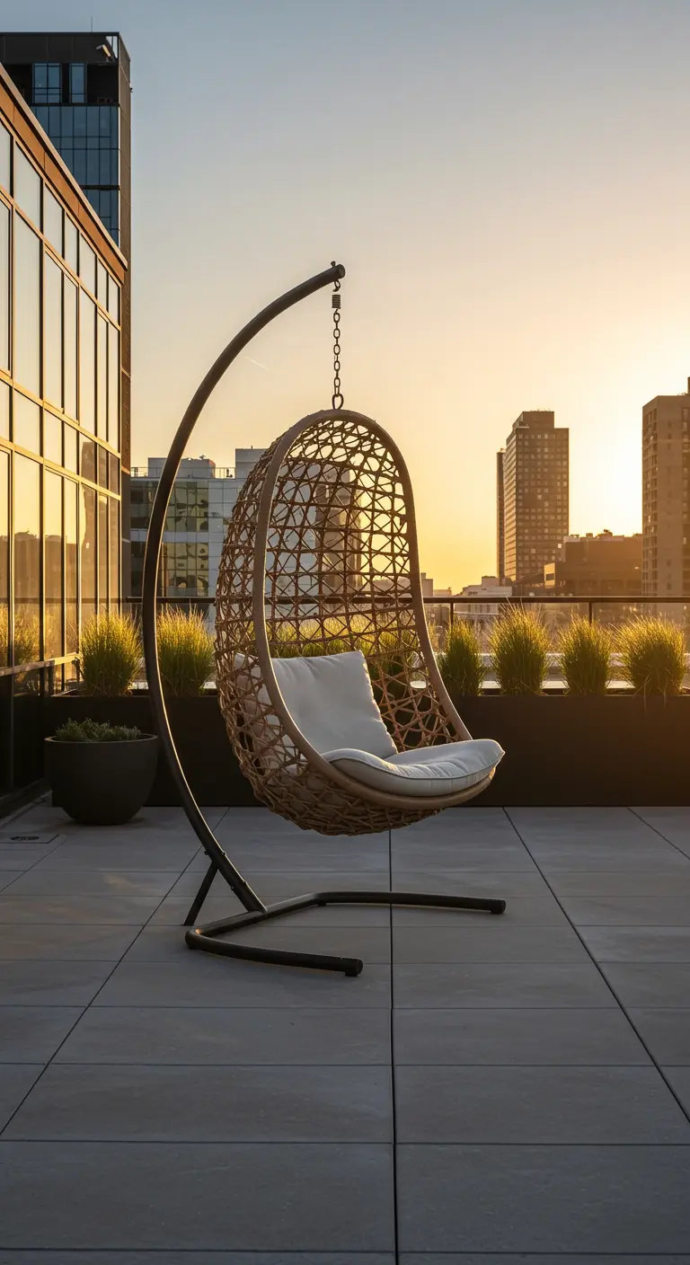 Rotan eivormige hangstoel met standaard op een dakterras met uitzicht op de stad.