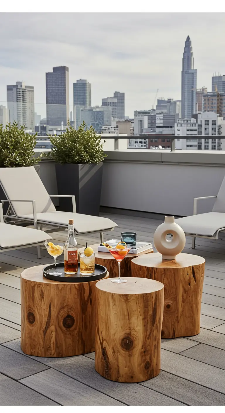 Moderne daktuin met boomstammen als bijzettafels naast loungestoelen.