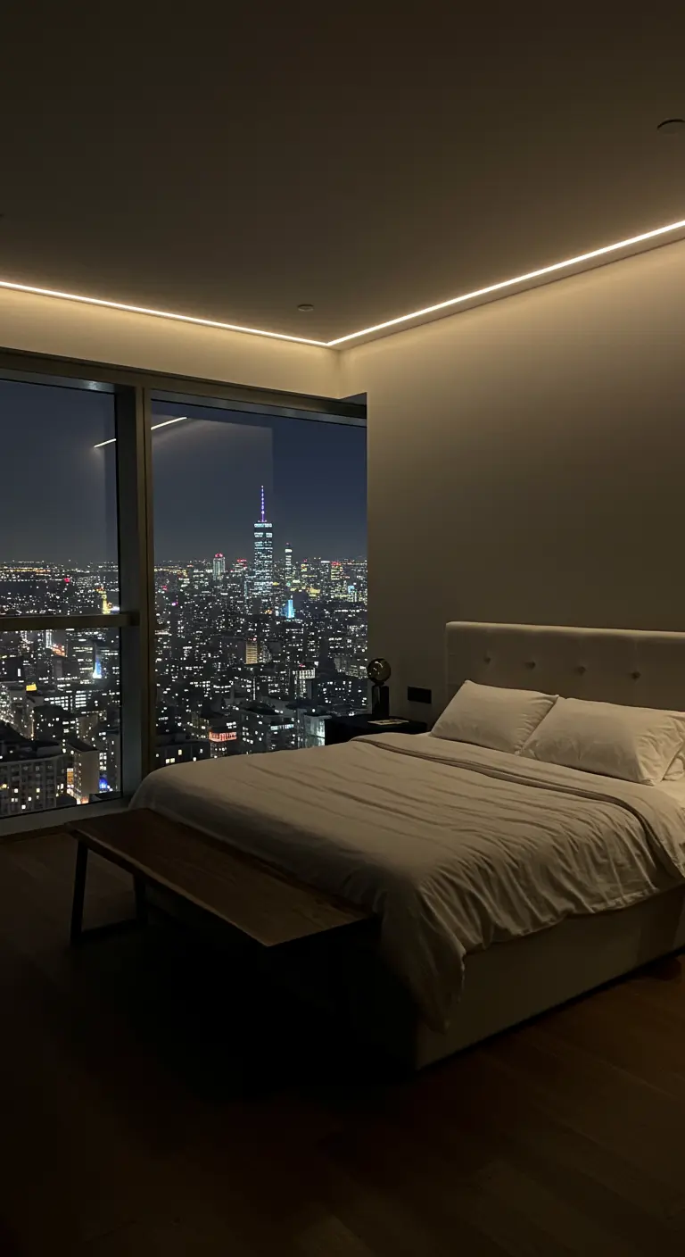 Slaapkamer met panoramisch uitzicht op stadslichten, wit bed en subtiele plafondverlichting.