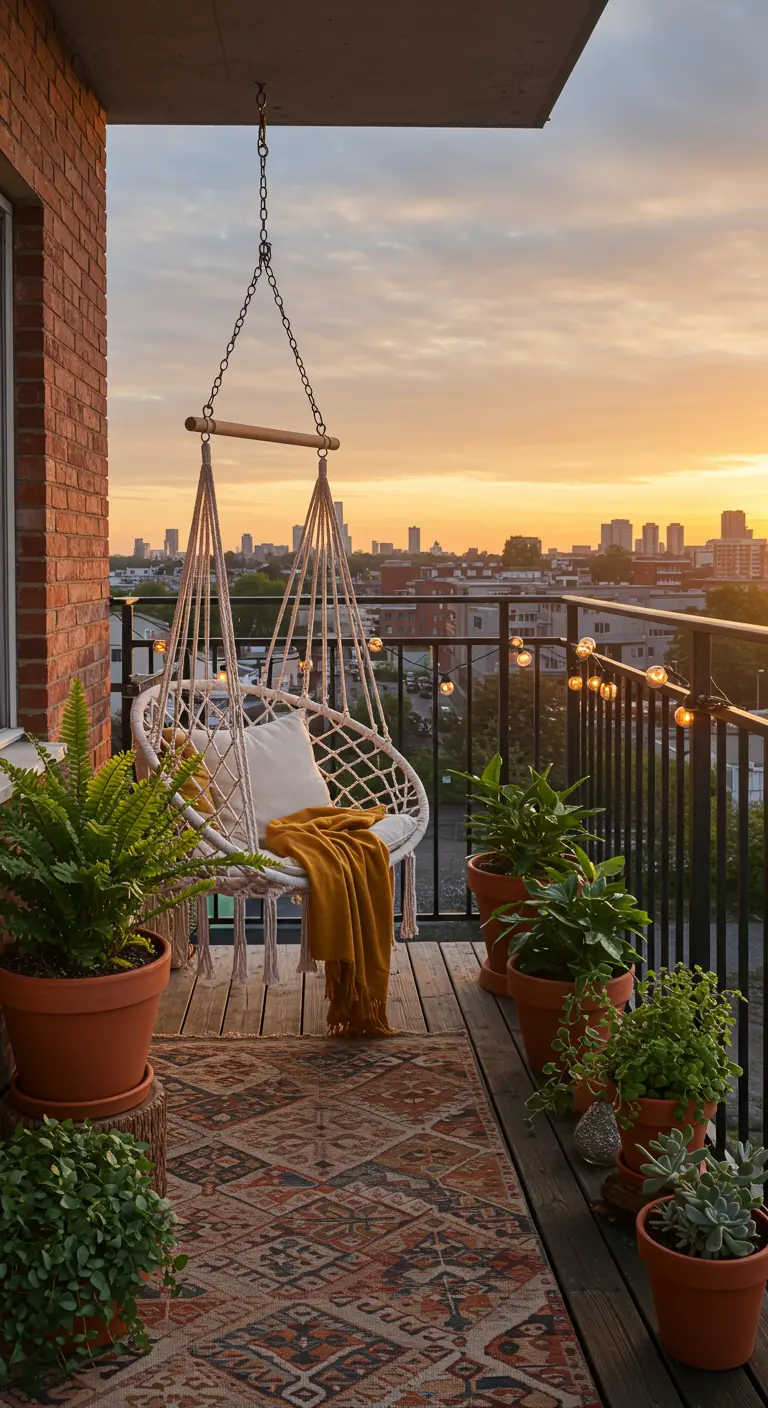 Macramé hangstoel op balkon met terracotta potten en uitzicht op de stad bij zonsondergang.