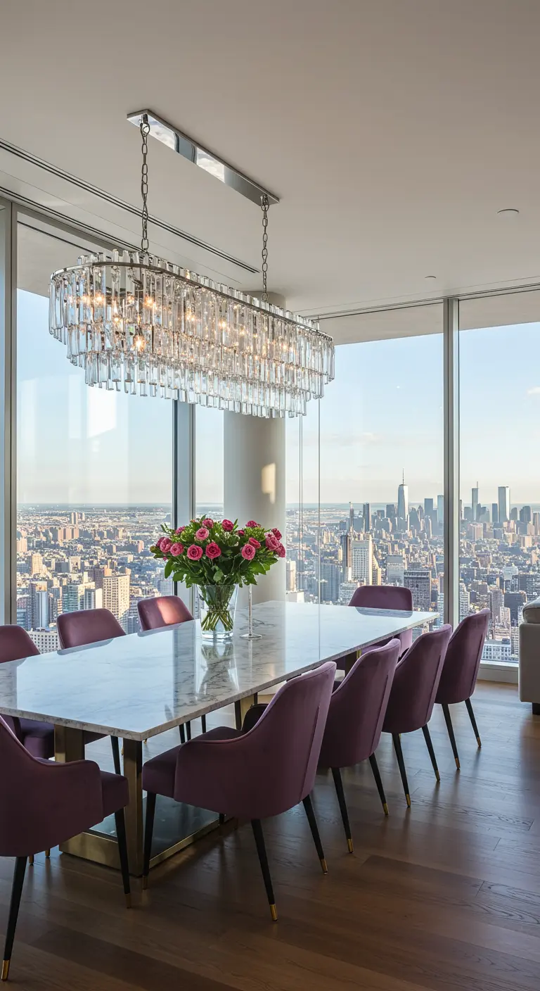 Luxe eetkamer in een penthouse met kamerhoge ramen, uitzicht op de stad en een kristallen kroonluchter.